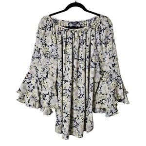 Chaps‎ 2X Floral Print Peasant Top Blouse Bell Sleeve White Blue Boho Bohemian